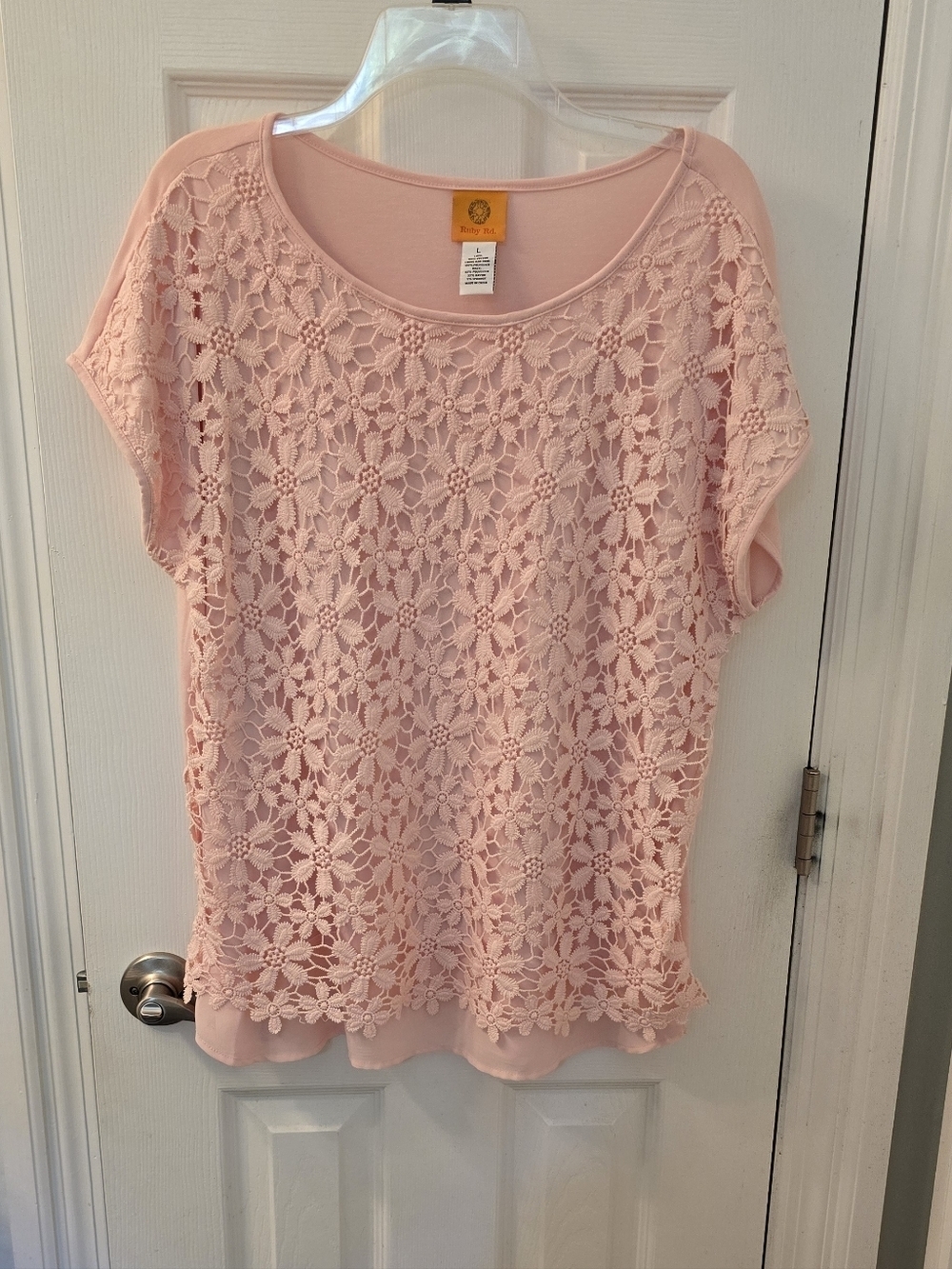 Ruby Road Women's Pink Lace Overlay Short Sleeve Top, Size L (310)